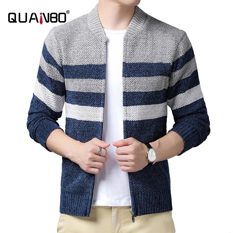 QUANBO 브랜드 남자의 겨울 두꺼운 o-넥 스웨터 코트 패션 스트 라이프 슬림 지퍼 니트 카디건 남자 양털 따뜻한 스웨터